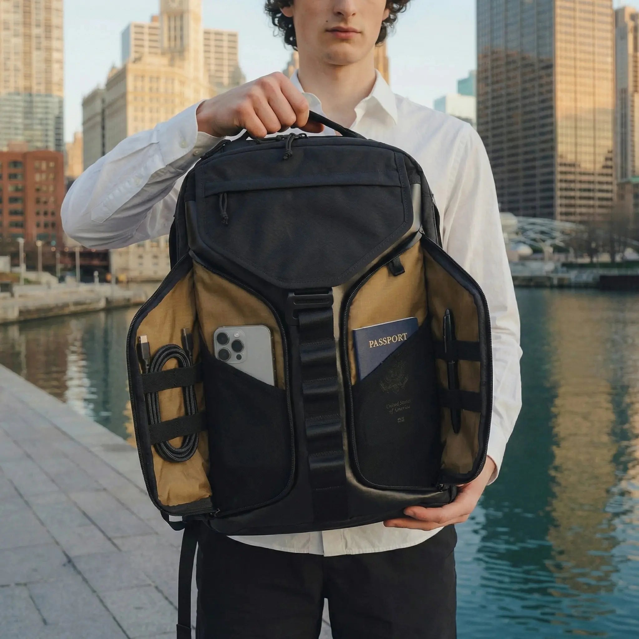 Nectrum Vanta 22 EDC backpack — coyote brown interior, full clamshell opening view